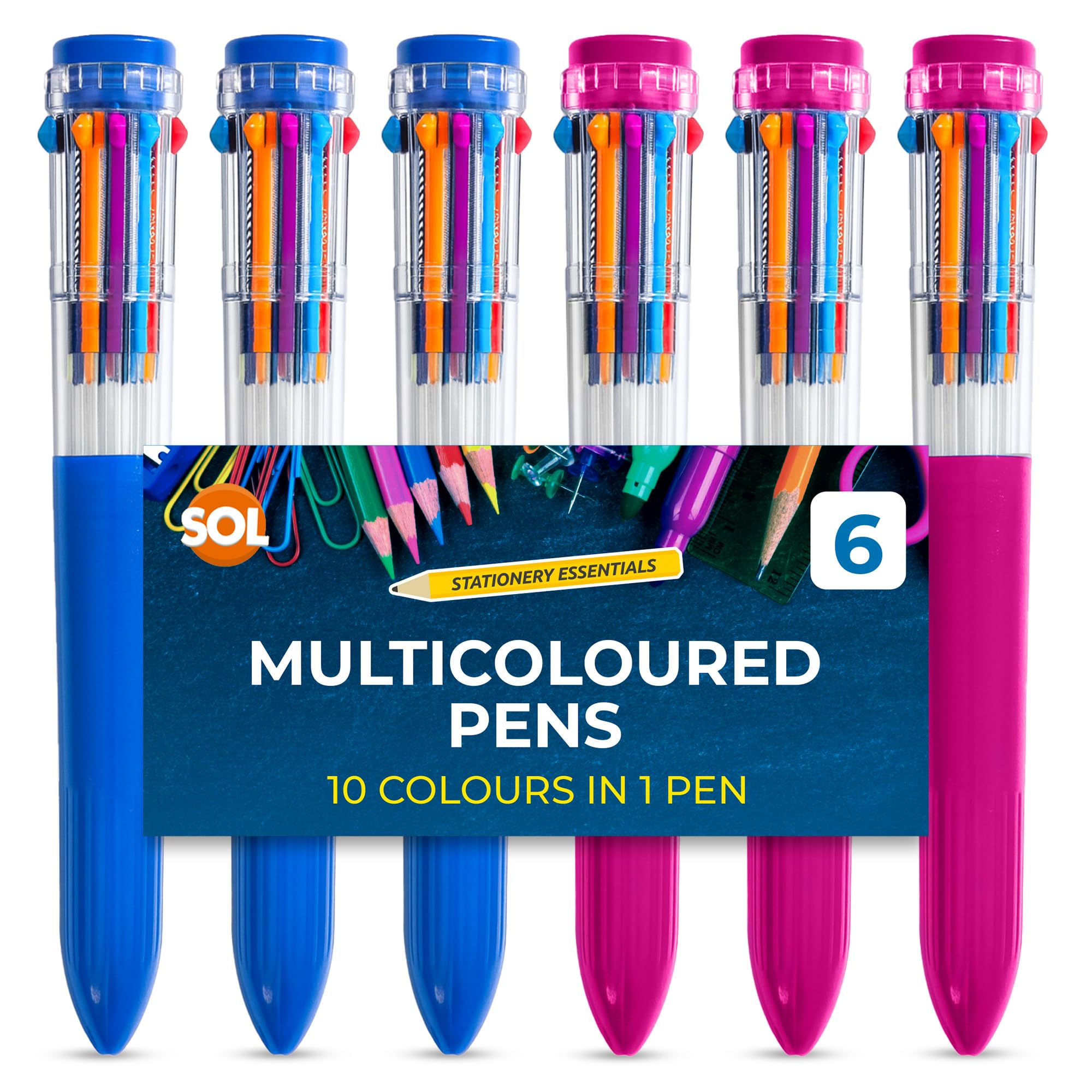 SOL 6pk Multicolour Pen, 10-in-1 Retractable Multi Coloured Pens All in One, Vivid Ink Ballpoint Pens for School & Office, Switchable Biros Ideal for Writing, Drawing & Creative Projects