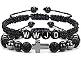 GolbalJew Cross Beaded Bracelets for Men Christian Catholic Adjustable 8mm Obsidian Hematite Lava Rock Beads Bracelet Set Father's Day Birthday Gifts