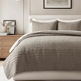 EVERGRACEHOME 100% Cotton Modern Lines Quilt Set King Size, Stone Taupe | Pre-Washed Soft Cotton, Striped Coverlet Bedspread, 3 Piece Lightweight Bedding Set for All Season, with 2 Pillow Shams
