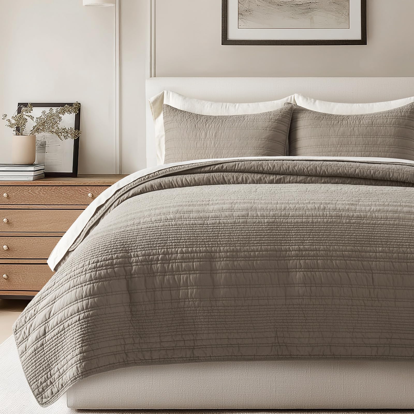 Photo 1 of EVERGRACEHOME 100% Cotton Modern Lines Quilt Set King Size, Pre-Washed Soft Striped Coverlet Bedspread, 3 Piece Lightweight Bedding Set for All Season, with 2 Pillow Shams, Stone Taupe