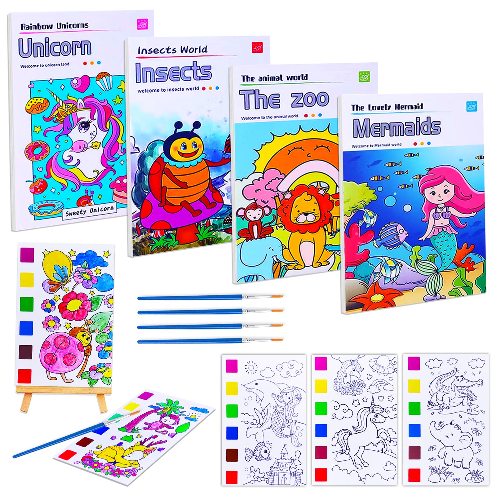 JUNQIU 4Pack Paint with Water Books for Kids, Watercolor Painting Coloring Books for Toddlers, Magic Paint Set for Kids, Art Craft Kits Easter Basket Stuffers For Girls Boys