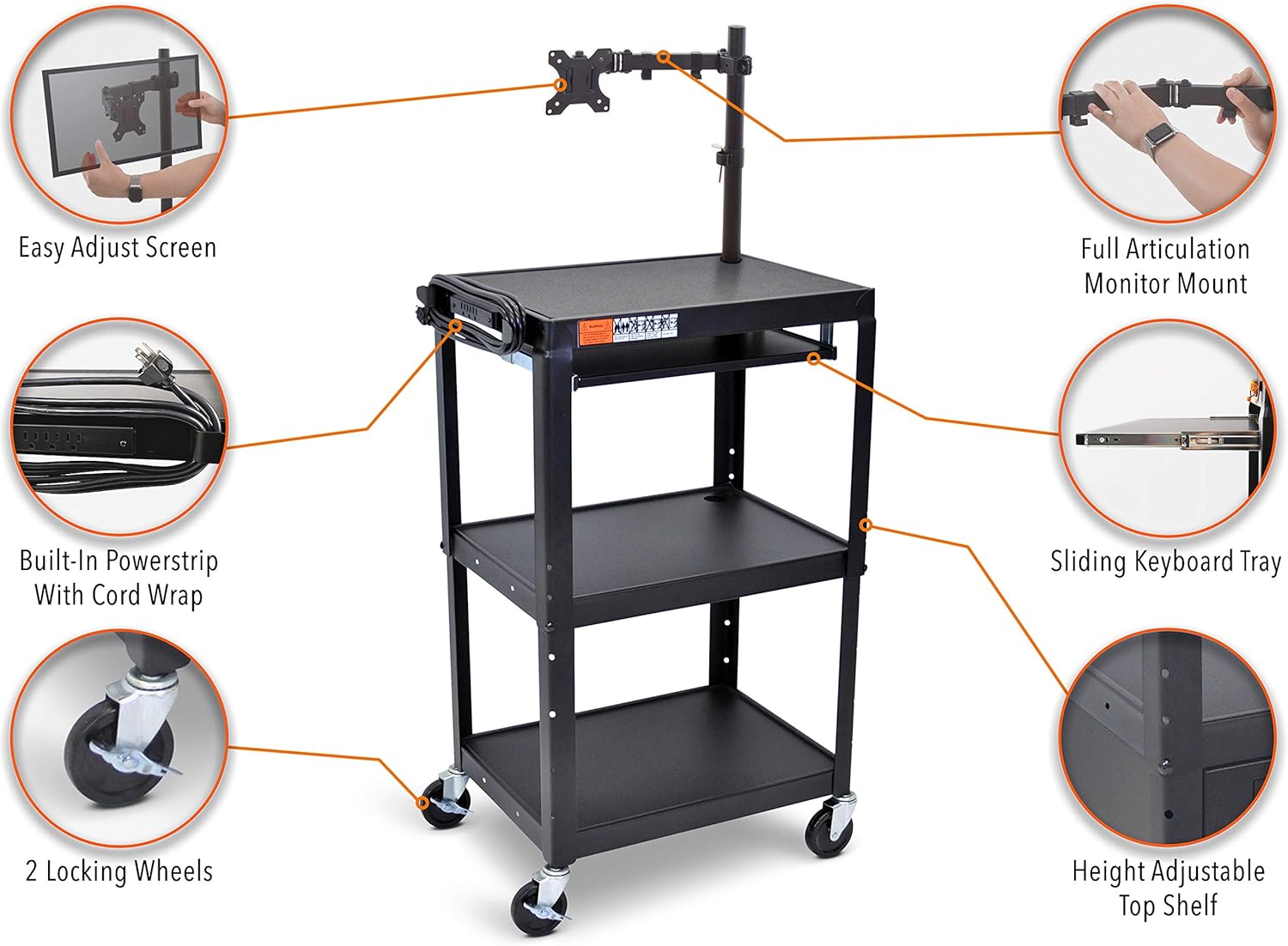Line Leader AV Cart with Keyboard Tray and Monitor Mount - Mobile Workstation/Presentation Cart with Monitor Arm - Take Your Office On-The-Go with Our Stand Up Computer Cart (Black / 24 x 18) : Office Products