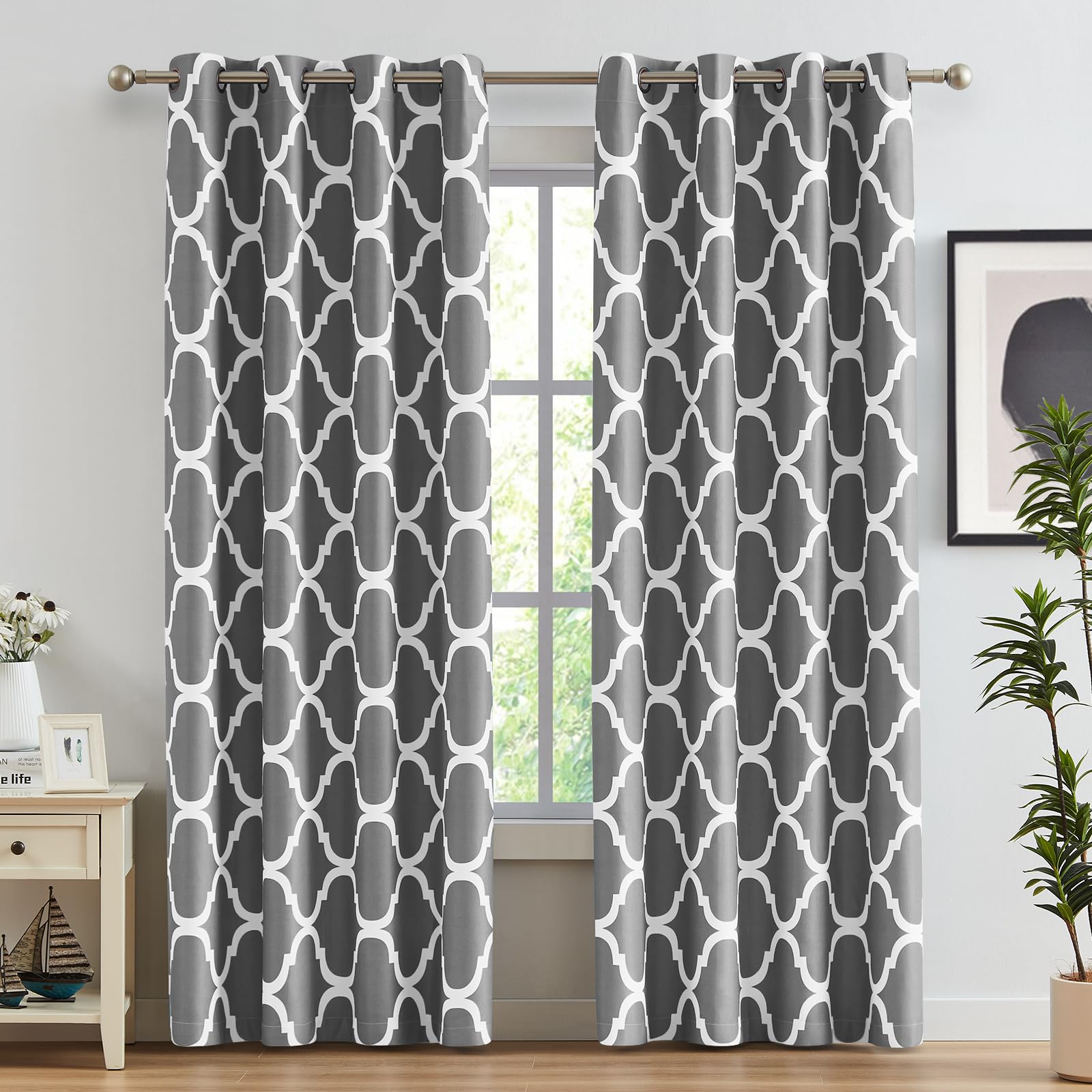 Melodieux Moroccan Printed Room Darkening Blackout Grommet Curtains for Living Room Bedroom, 52 by 84 Inch, Grey (2 Panels)