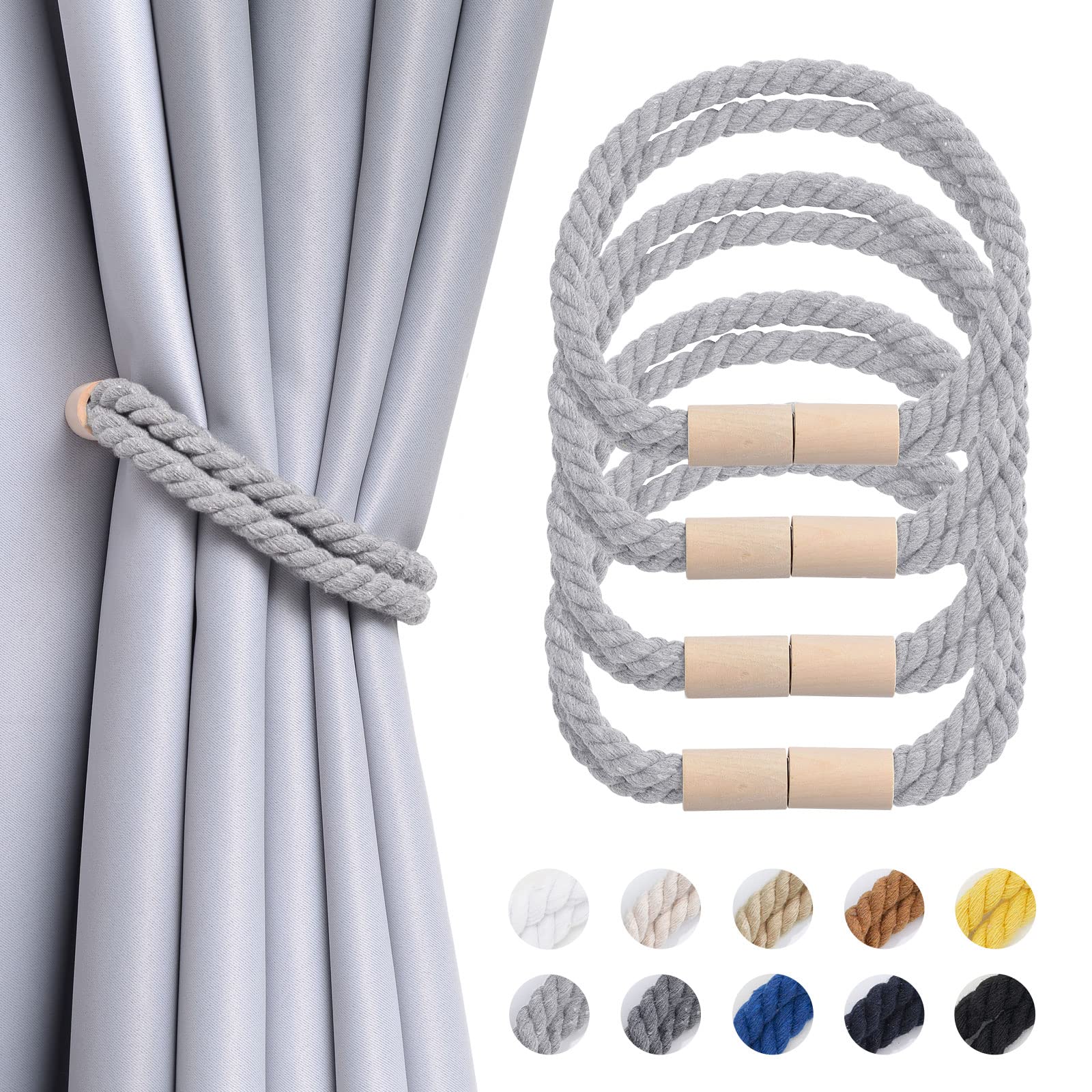 Pretty Jolly 4 Pack Strong Magnetic Curtain Tiebacks Boho Decoration Drape Tie Backs Natural Cotton Handmade Double Rope Curtain Holdbacks for Thin or Thick Home & Office Window Drapery (Light Grey)