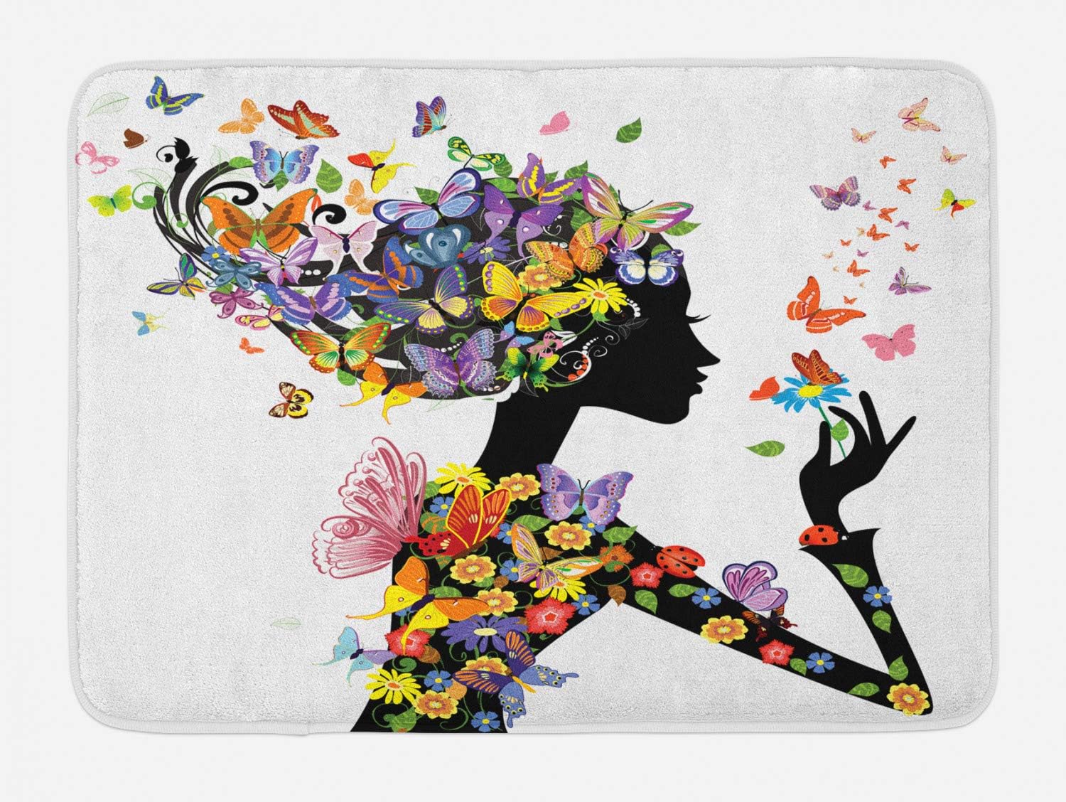 Ambesonne Butterflies Bath Mat, Girl Fashion Flowers with Butterflies Ornamental Floral Foliage Nature Forest, Plush Bathroom Decor Mat with Non Slip Backing, 29.5