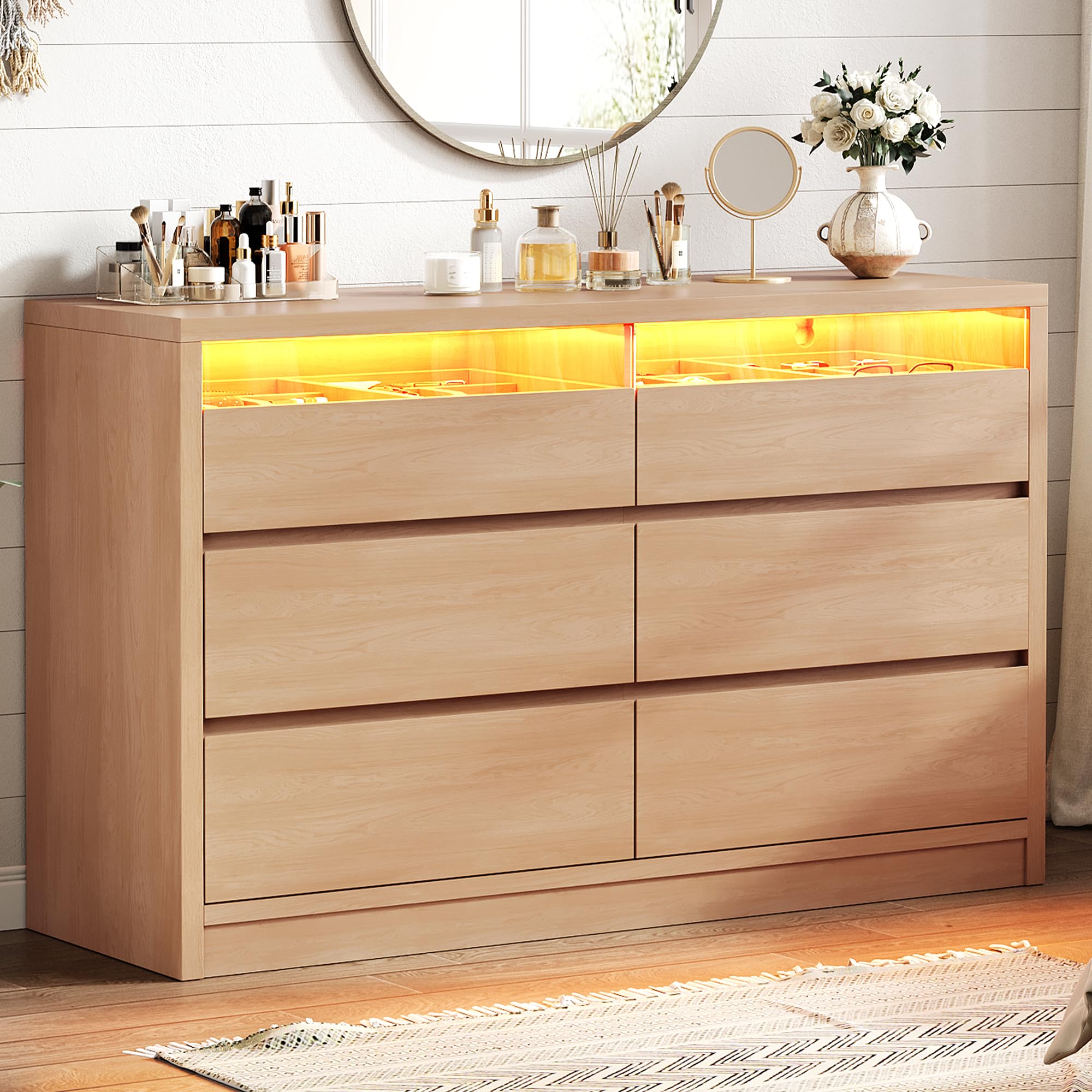 Photo 1 of **MISSING PARTS**
Jocoevol Large 6 Drawer Dresser for Bedroom with LED Light, Modern Chest of Drawers with Hidden Handles, Long Double Wooden Dresser Closet for Living Room, Entryway, Hallway - Natural Wood