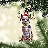 Talataca Australian Cattle 2D Flat Christmas Ornament, Wearing Christmas Hat Reindeer String Lights Pine Tree Decor, Hanging House Charm Eve Keepsake, Car Rear View Mirror Accessories, Xmas Gift