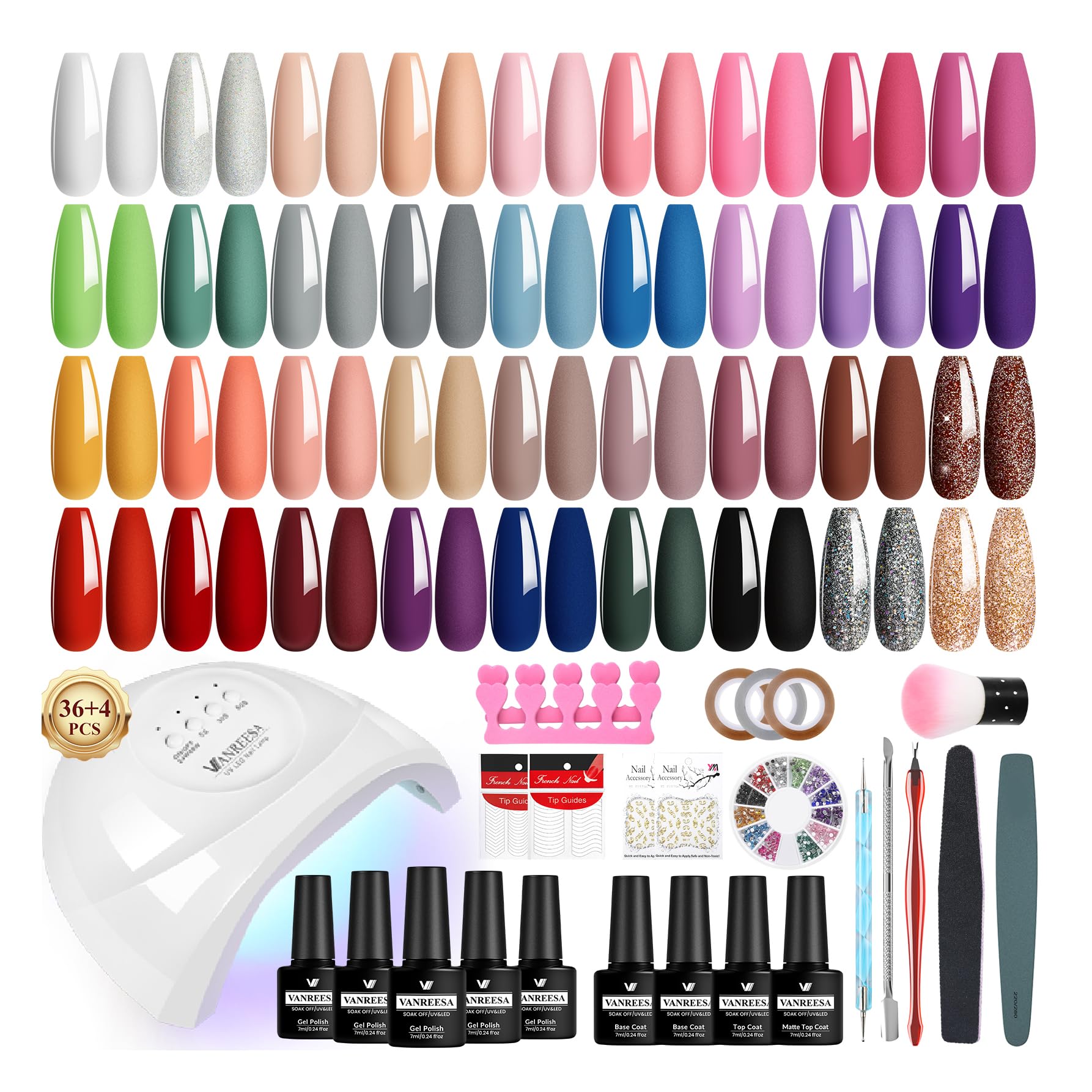 VANREESA 60 PCS Gel Nail Kit with 48W U V Lamp 36 Colours All Seasons Gel Nail Polish Set with Lamp Starter Kit Pink Red Brown Gels Polish Set with Base and Top Coat Manicure Salon Gifts for Women