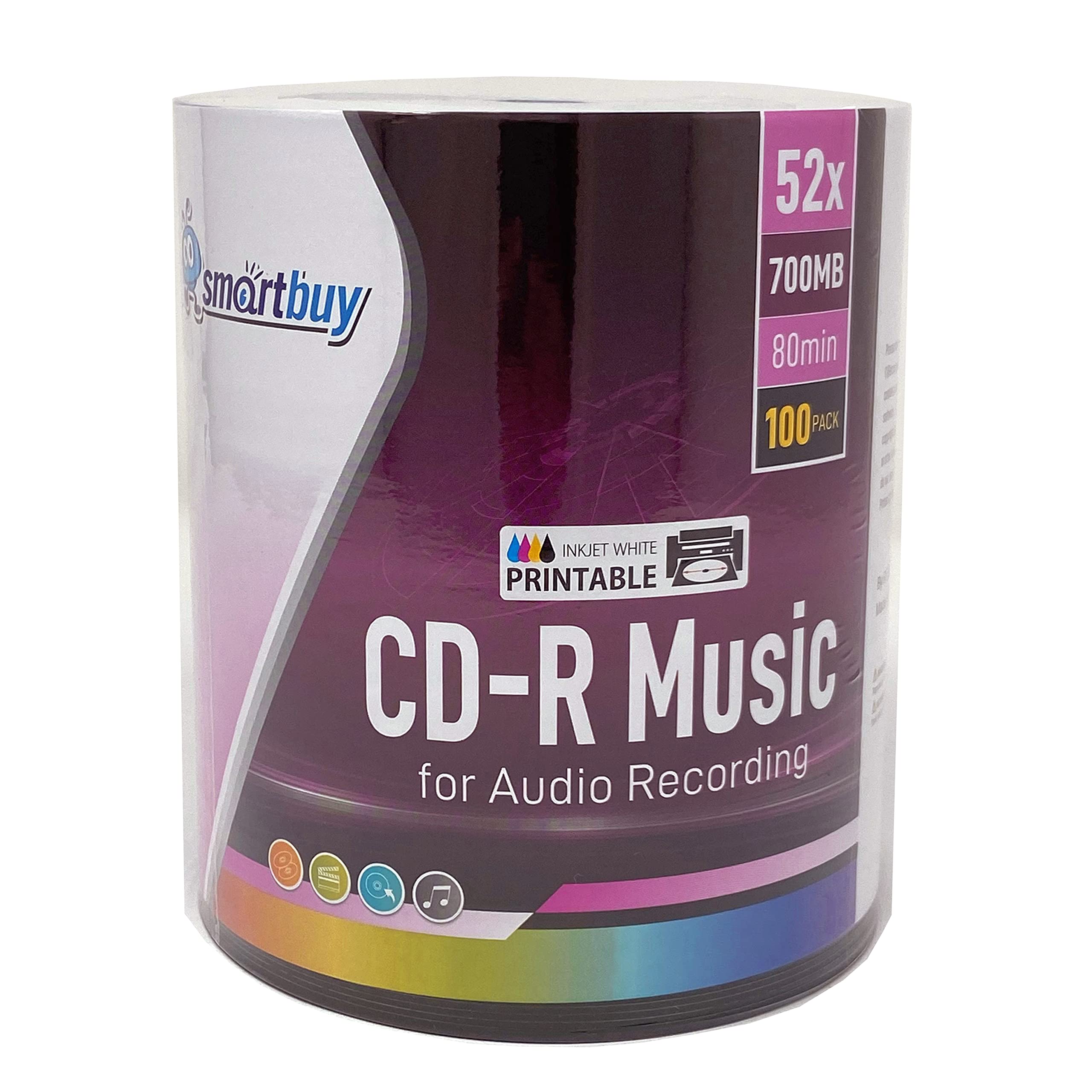 Photo 1 of 100 Pack Smartbuy Digital Audio CD-R Music 52X 700MB/80Min White Inkjet Hub Printable Blank Recordable Disc