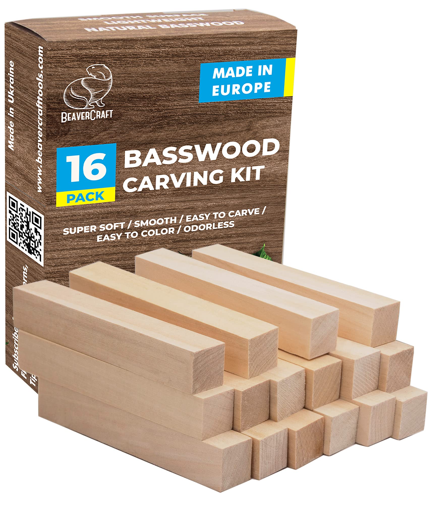 BeaverCraft Basswood Carving Blocks BW16 pcs - Soft Whittling Wood Carving Kit for Beginners - Unfinished Wooden Block Set - Basswood for Crafts