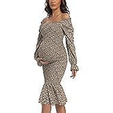 Maternity Spring Floral Midi Bodycon Dresses, Short Puff Sleeve Square Neck Ruffle Hem Mermaid Baby Shower Dress Brown S
