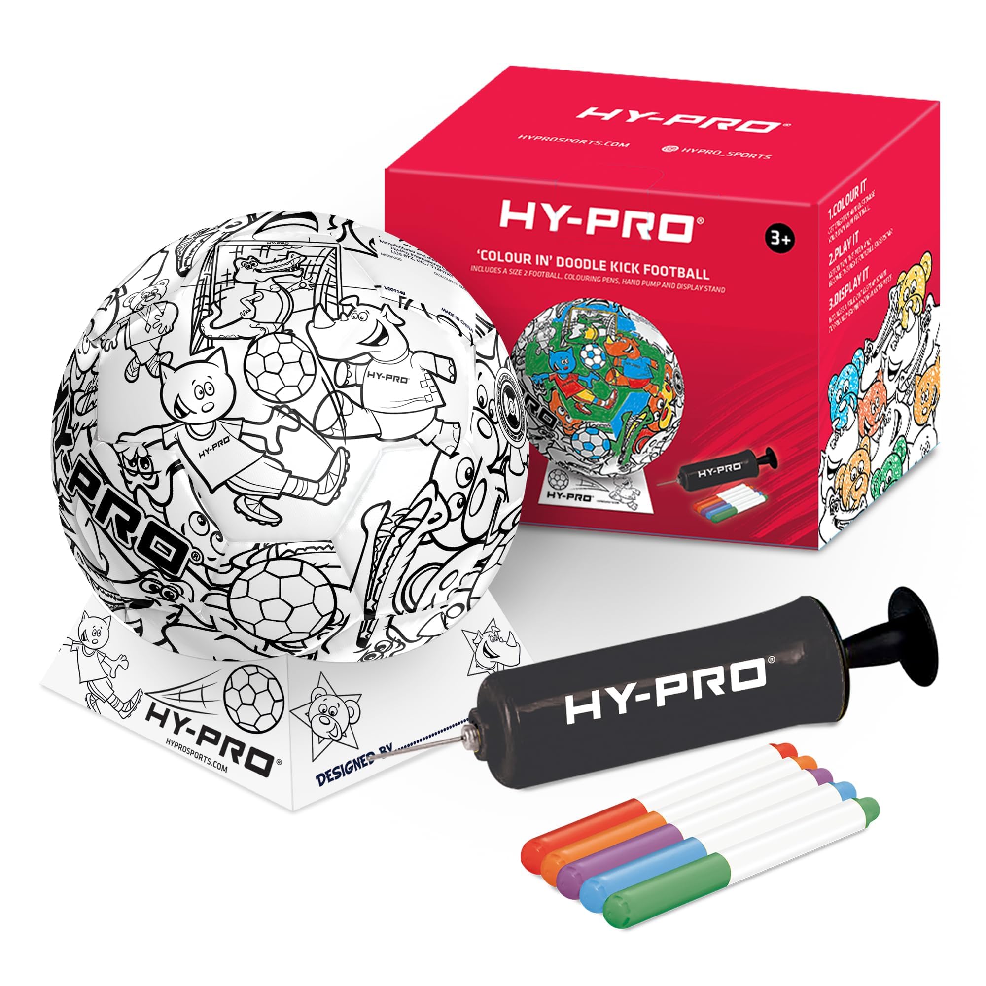 Hy-Pro Doodlekick Colour In Football with Pump Included - Size 2 Ball with Stand & Pens Set for Personalised Colouring - Scribble Ball For Kids, Great Gifts for Football Mad Boys & Girls