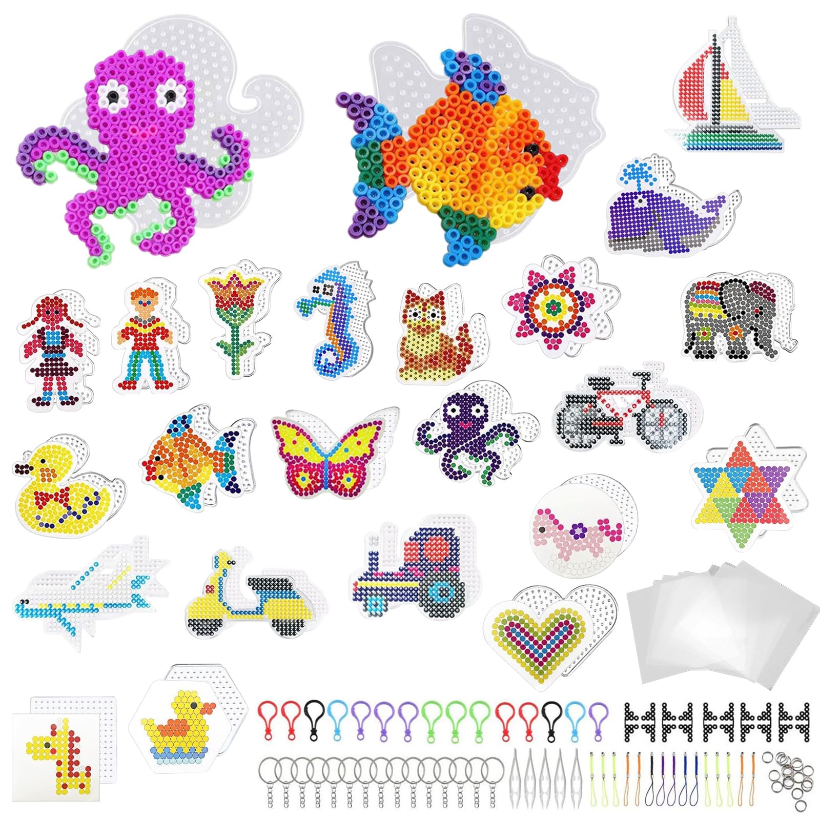 22 Pcs Hama Beads Pegboard Set - 5mm Clear Animal Shape Boards, DIY Fuse Bead Kit for Kids Crafting with 10 Ironing Papers, Including Craft Tray & Chain Accessories for Boys & Girls Creative Craft