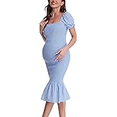 Maternity Summer Midi Bodycon Dresses, Short Puff Sleeve Square Neck Ruffle Hem Mermaid Baby Shower Dress