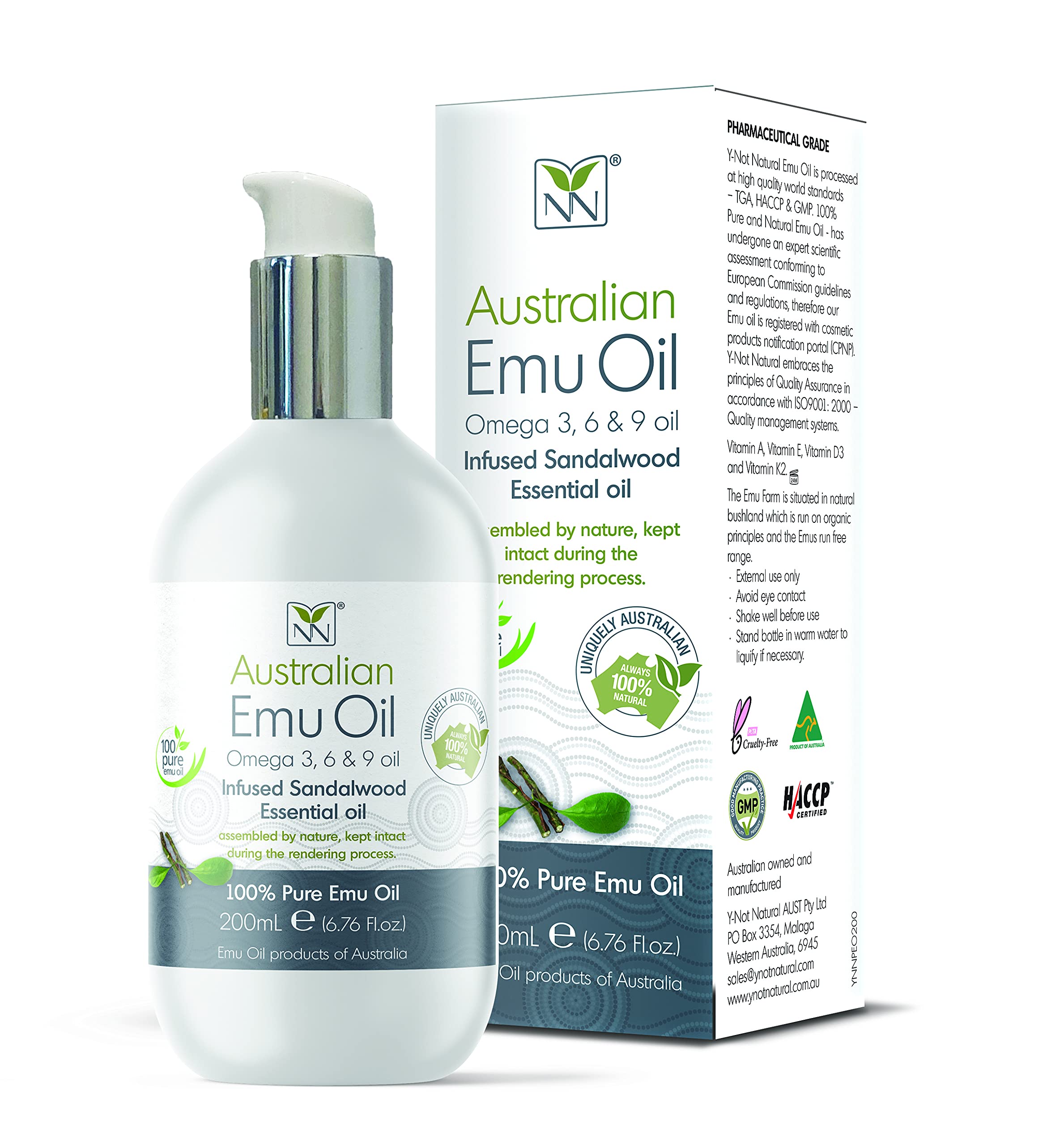 Y Not Natural Pure Emu Oil Infused w/Sandalwood - Face Moisturizer, Body Oil & Hair Growth Oil - Organic with Vitamin E, Omega 3-6-9 - Face Oil, Scalp Oil & Cuticle Oil - Australian Emu Oil (200ml) — image 1