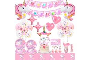 Unicorn Birthday Decorations for Girls,180pcs Unicorn Party Supplies Tableware Set-Unicorn Balloon Banner Headband Tablecloth