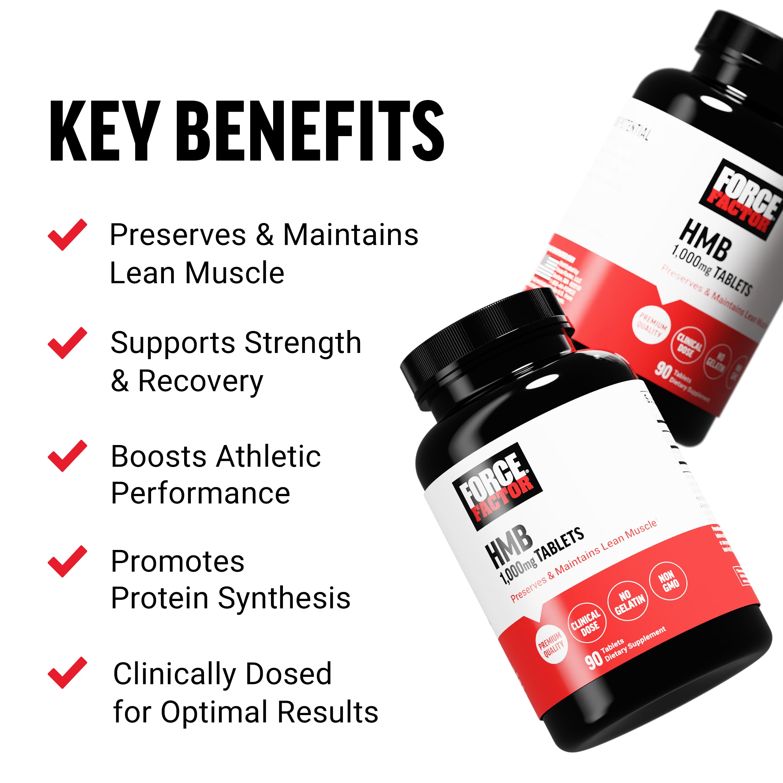 FORCE FACTOR HMB Supplement to Preserve Lean Muscle, Support Workout Recovery, and Prevent Muscle Protein Breakdown, Clinical Dose, Premium Quality, Non-GMO, 90 Tablets