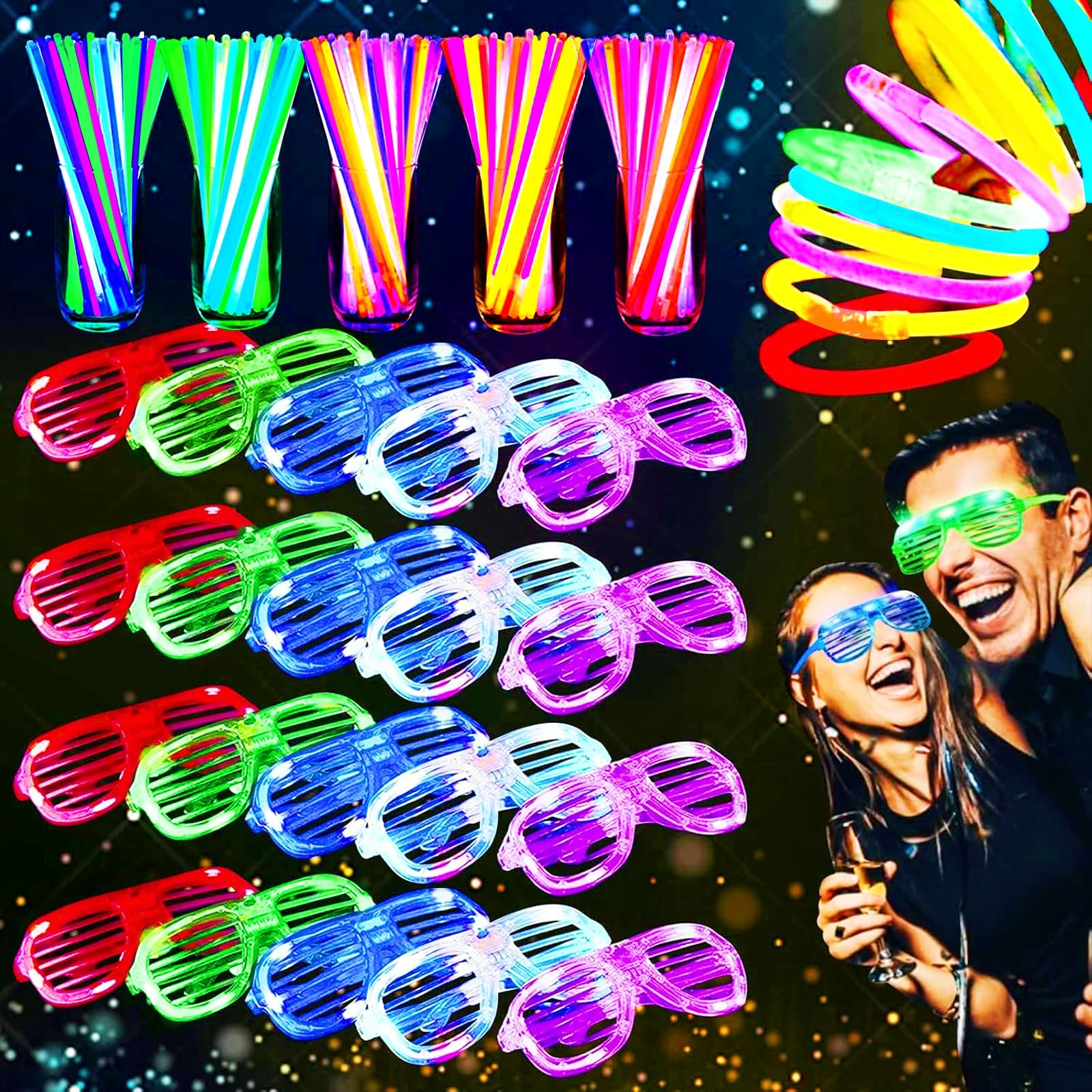 Photo 1 of 125 Pack Glow in the Dark Party Supplies for Kids Adults,Light Up Party Favors with 25 LED Glow Glasses Sunglasses,100 Glow Sticks Bulk Glow Bracelets for Wedding Pool Fiesta Back to School Halloween