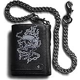 skneephate Men's Wallet With Chain Skull Trifold Wallets For Men,Soft Leather Wallet Chains Rfid Blocking Cool Mens Gift Idea (black)