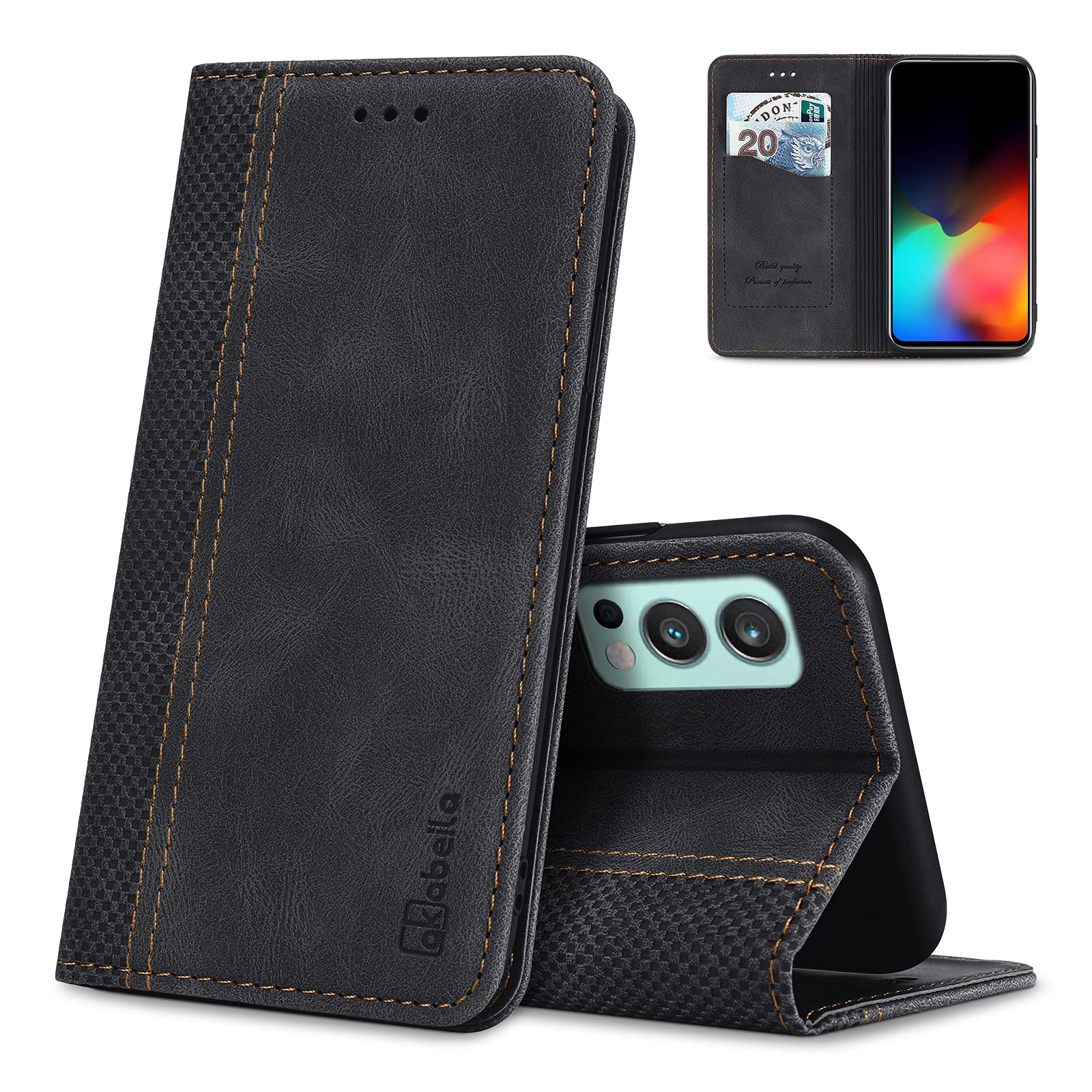 AKABEILA Case for OnePlus Nord 2 Premium Leather Flip Wallet Case with Magnetic Closure Kickstand Card Slots Folio Phone Case Cover Shockproof Black