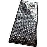 Western Stakes Men’s Long Leather Wallet – Basketweave Rodeo Bifold with Hair-On Cowhide and Lone Star Concho – Cowboy Checkbook Wallet for Ranchers & Texas Western Gifts