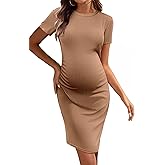 Ekouaer Women's Maternity Dress Ruched Ribbed Bodycon Summer Dresses Casual Pregnancy Dress S-XXL