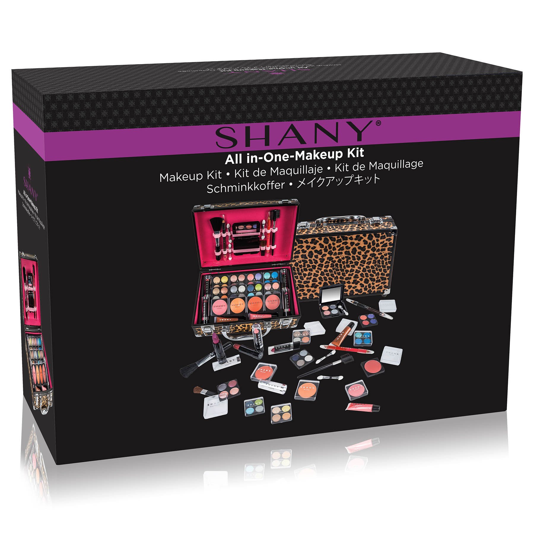 SHANY Carry All Make up Train Case with Pro Makeup Set, Beauty Brushes, Lipsticks, Eye Shadows, Blushes, Powders, and more - Reusable Cosmetics Storage Organizer - Premium Gift Packaging - Leopard