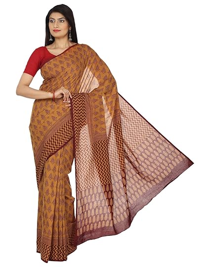 Finest Quality Cotton - Handmade Mustard and Maroon Booti - Bagh Block Print Saree with Blouse Piece