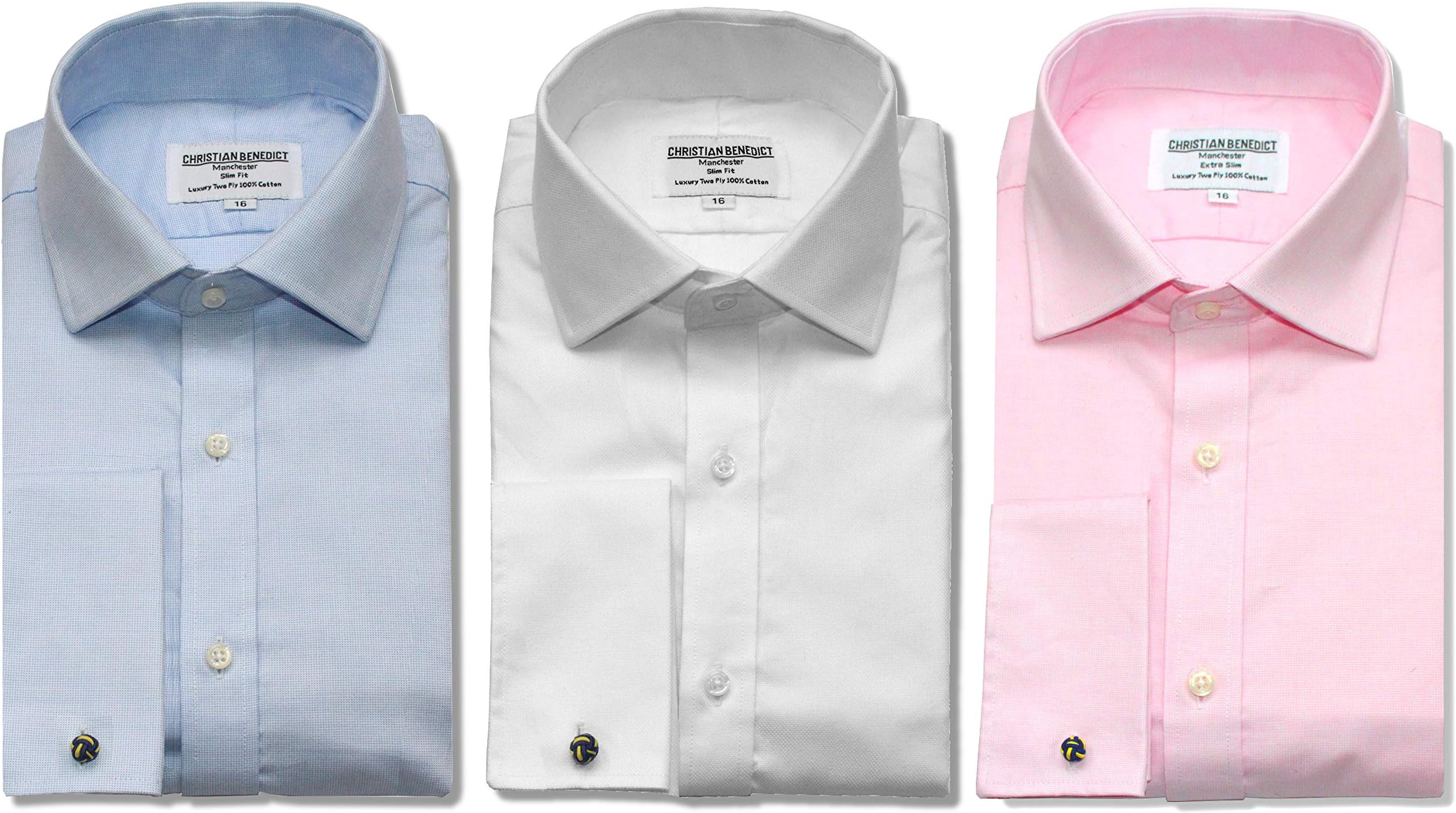 Christian Benedict Men's Double Cuff Shirt 15-17 Cotton Pink Blue White Regular Fit Formal Long Sleeve