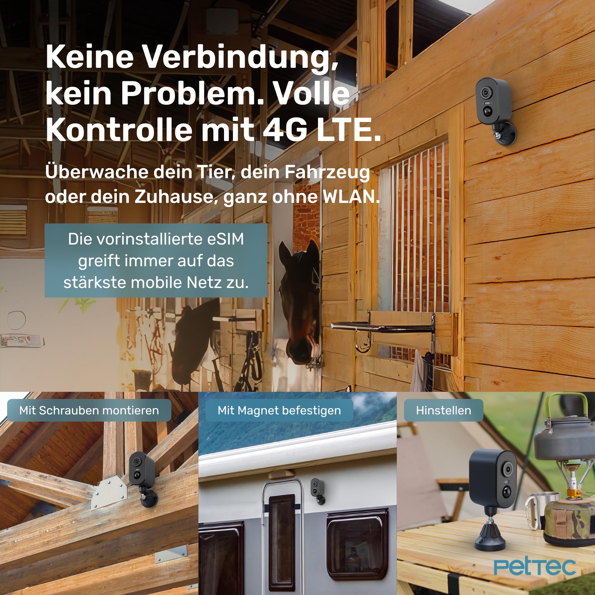 PetTec Cam Free 4G Überwachungskamera [4G/LTE OHNE WLAN] mit Akku & Schwenk Funktion - Outdoorkamera 3MP Ultravision, Bewegungserkennung, 15m Nachtsicht IP65 Flutlicht Sirene, Rückfahrkamera 2