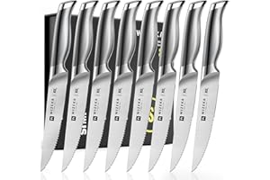 WIZEKA Steak Knives Set of 8, German Stainless Steel 5 Inches Serrated Straight Edge Steak Knife Set, One Piece Design Knife 