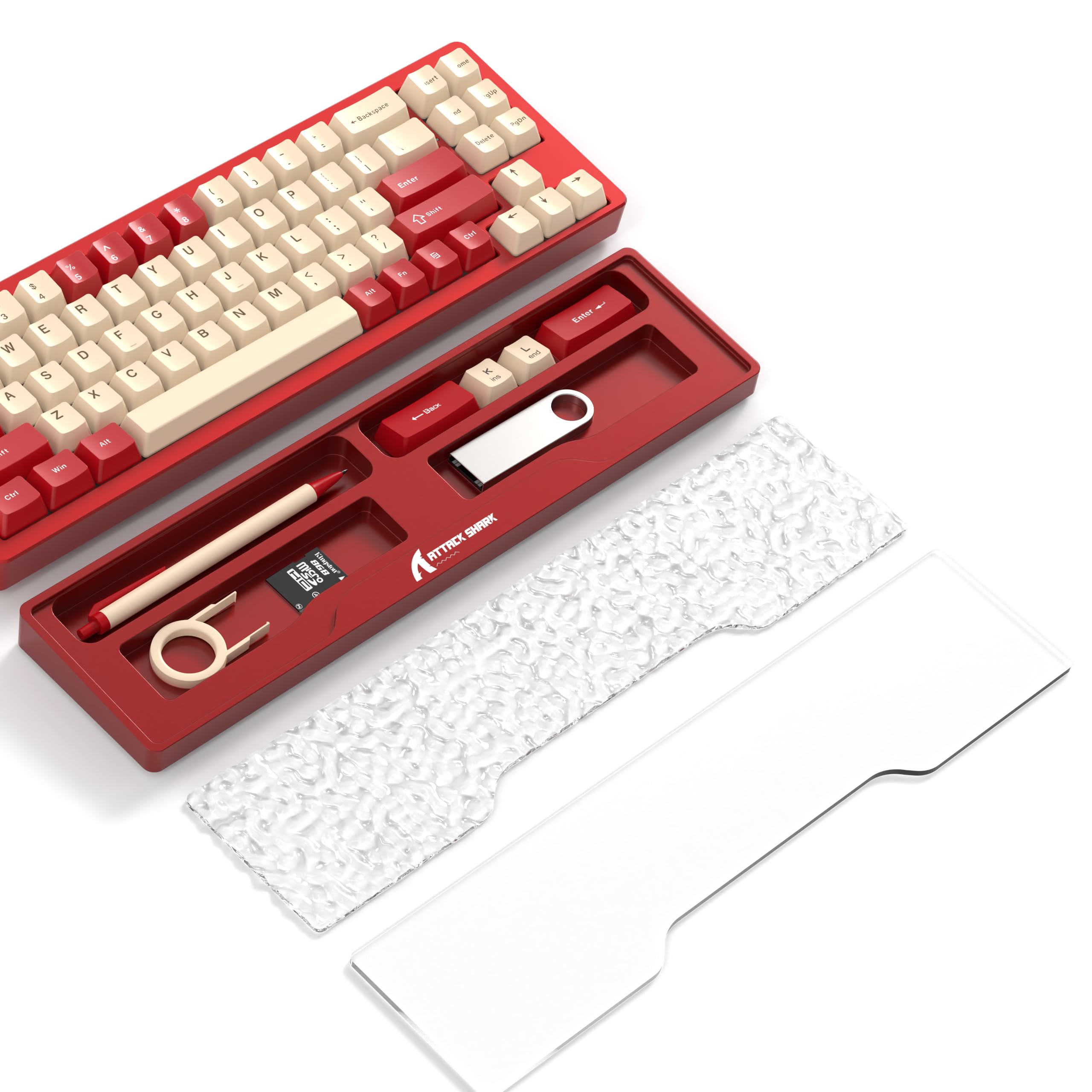 ATTACK SHARK CNC Aluminum Alloy Keyboard Wrist Rest with Partition Storage Case, 2 Acrylic Translucent Top Covers, Ergonomic Non-Slip Support for TKL Mechanical Keyboards, Ideal for Office/Home-Red