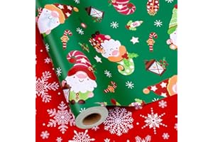MAYPLUSS Gnome Wrapping Paper Roll, Reversible Green Christmas Wrapping Paper, Adorable Gnome Winter Holiday Gift Wrap With Snowflakes Design for Present Wrap, Packaging Supply (17 Inch X 33 Feet)