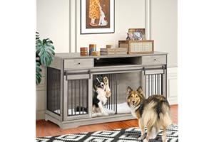 Yafylly 66.1 Inch Double Dog Crate Furniture with Storage for 2 Large Dogs Grey Durable Multifunctional Dog Kennel TV Stand with Divider and 2 Drawers