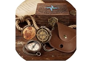 UIDMEN Personalized Engraved Compass with Wooden Box, Custom Brass Pocket Compass, with PU Leather Storage Pouch, for Camping