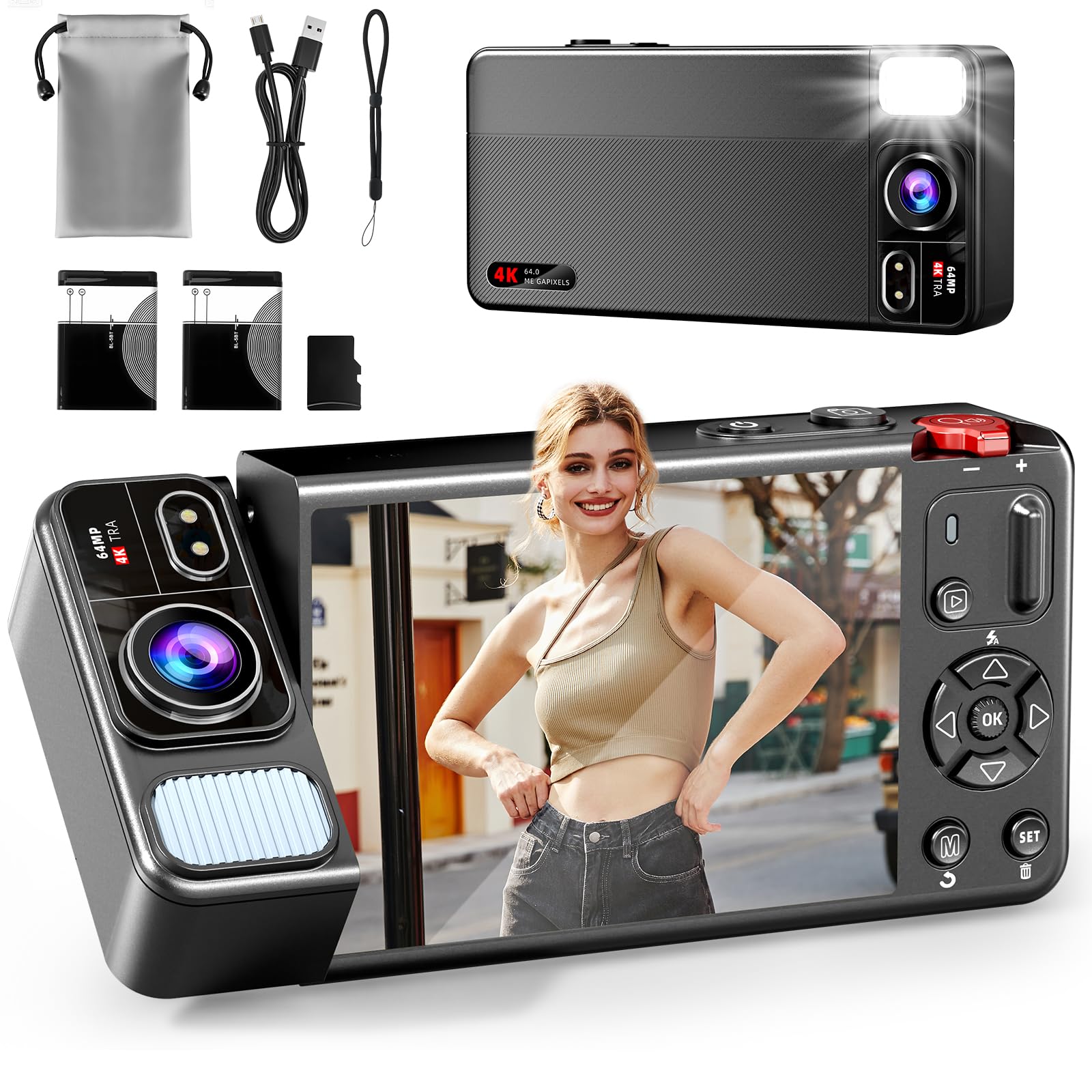 Photo 1 of **AUDIO IS NON-FUNCTIONAL** ZEOUPT Digital Camera, 4K 64MP Cameras for Photography, 270°Flip Screen Vlogging Camera, Autofocus, Flash, 18X Zoom, 2 Batteries, 64GB Card, Point and Shoot Digital Cameras for Kids Teens, Black