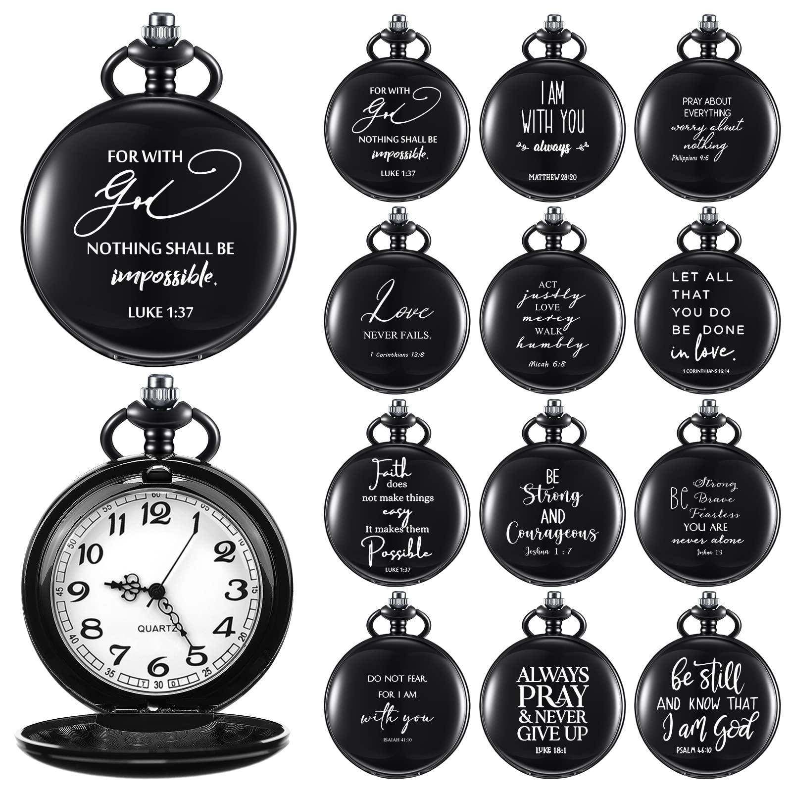 Yinkin 12 Pack Bible Verse Pocket Watch with Chain Father's Day Gift Christian Inspirational Gifts Bulk Religious Quotes Pocket Watches for Men Women Male Coworker Teacher Staff Volunteer Office Team