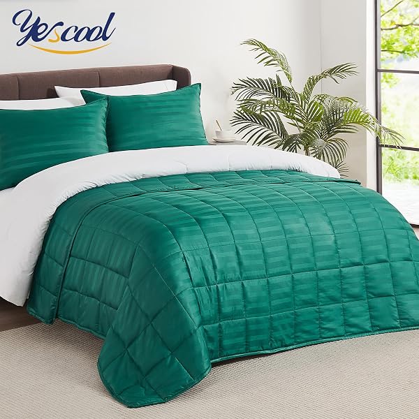 WEIGHTED BLANKET FOR ADULTS (15 LBS, 48″ X 72″, GLOSSY GREEN STRIPES) HEAVY BLANKET FOR SLEEPING PERFECT FOR 160-180 LBS, TWIN SIZE BREATHABLE BLANKET WITH PREMIUM GLASS BEAD, MACHINE WASHABLE