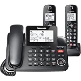 Panasonic Cordless Phone, 2 Handsets Link2Cell, Landline Phone for Home | Corded phone base and 2 cordless handsets, expandable up to 6, with call block and 2-way recording, Black, KX-TGF852B