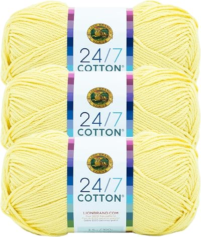 Lion Brand 24/7 Cotton Yarn Lemon 3 Pack 100% Mercerized Cotton 185 yd