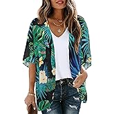 Women's Floral Print Puff Sleeve Kimono Cardigan Loose Cover Up Casual Blouse Tops