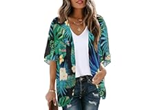 Women's Floral Print Puff Sleeve Kimono Cardigan Loose Cover Up Casual Blouse Tops