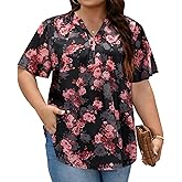 Auciccoo Plus Size Women's Blouse V Neck Floral Print Summer Short Sleeve Tops Shirts Flowy Loose Fit US Sizes 16-28