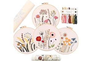 REEWISLY 4ps Embroidery Starter kit with Flowers Patterns and Instructions, DIY Adult Beginner Cross Stitch Kits, Including 2 Plastic Embroidery Hoop, 1 Pair of Scissors, Colored Threads and Needles