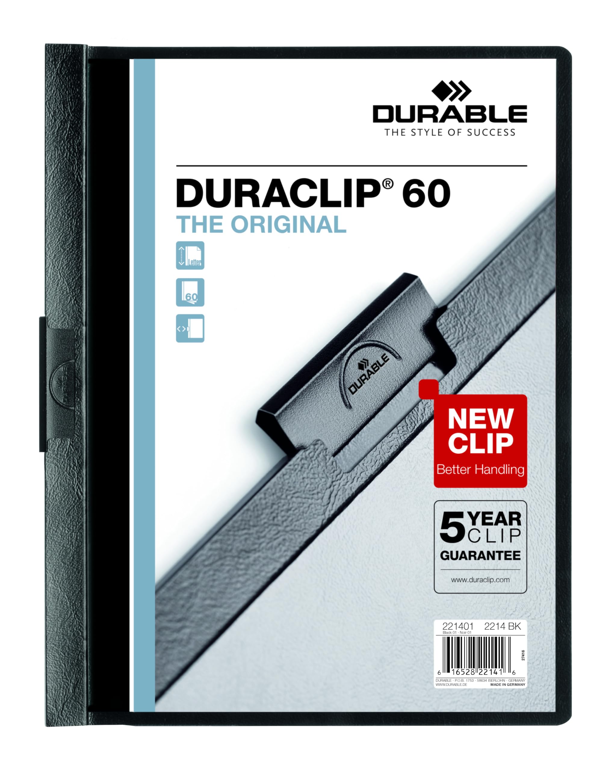 DURABLE Vinyl DURACLIP Report Cover, Letter, Holds up to 60 Pages, Clear/Black, 25 per Box (221401)