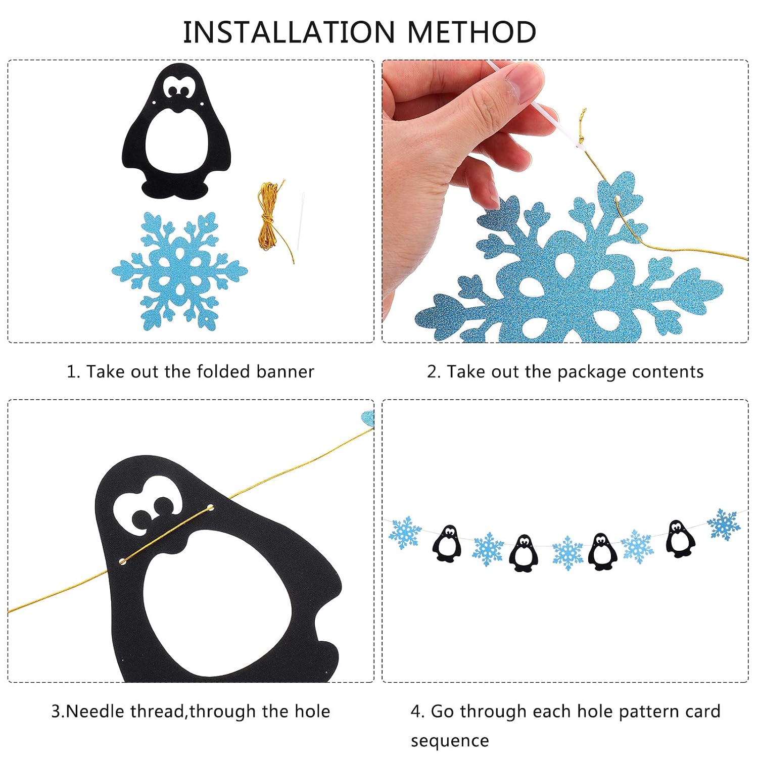 PRETYZOOM 1PC Glitter Snowflake Penguin Banner Paper Hanging Bunting for Christmas Winter Wonderland Theme Birthday Decoration - Image 4