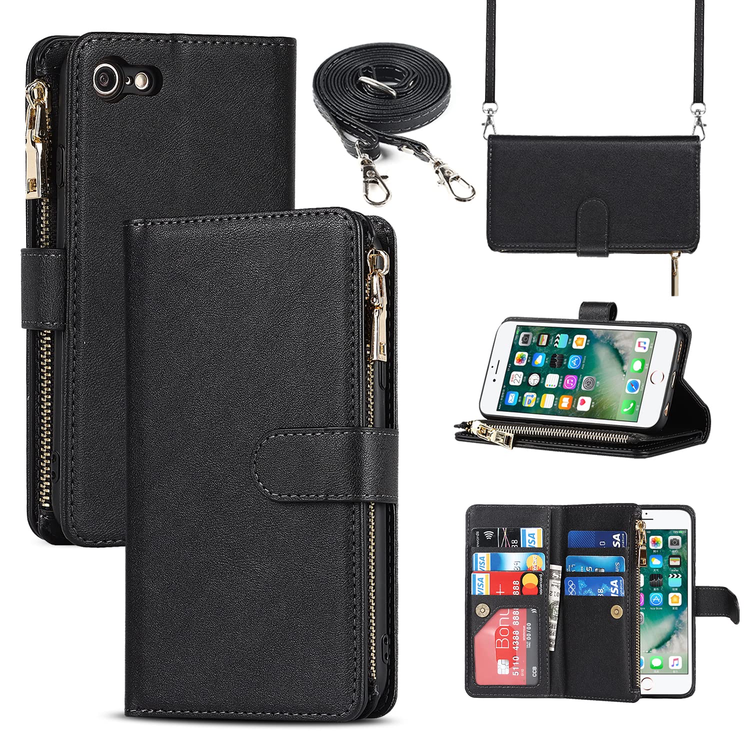 Cavor Crossbody iPhone 7/8/SE 2020/SE 2022 Case With Card Holder With Strap,Flip Leather Wallet Case,[9 Card Holder] Zipper Detachable Lanyard Phone Case Cover for Women - Black — image 1