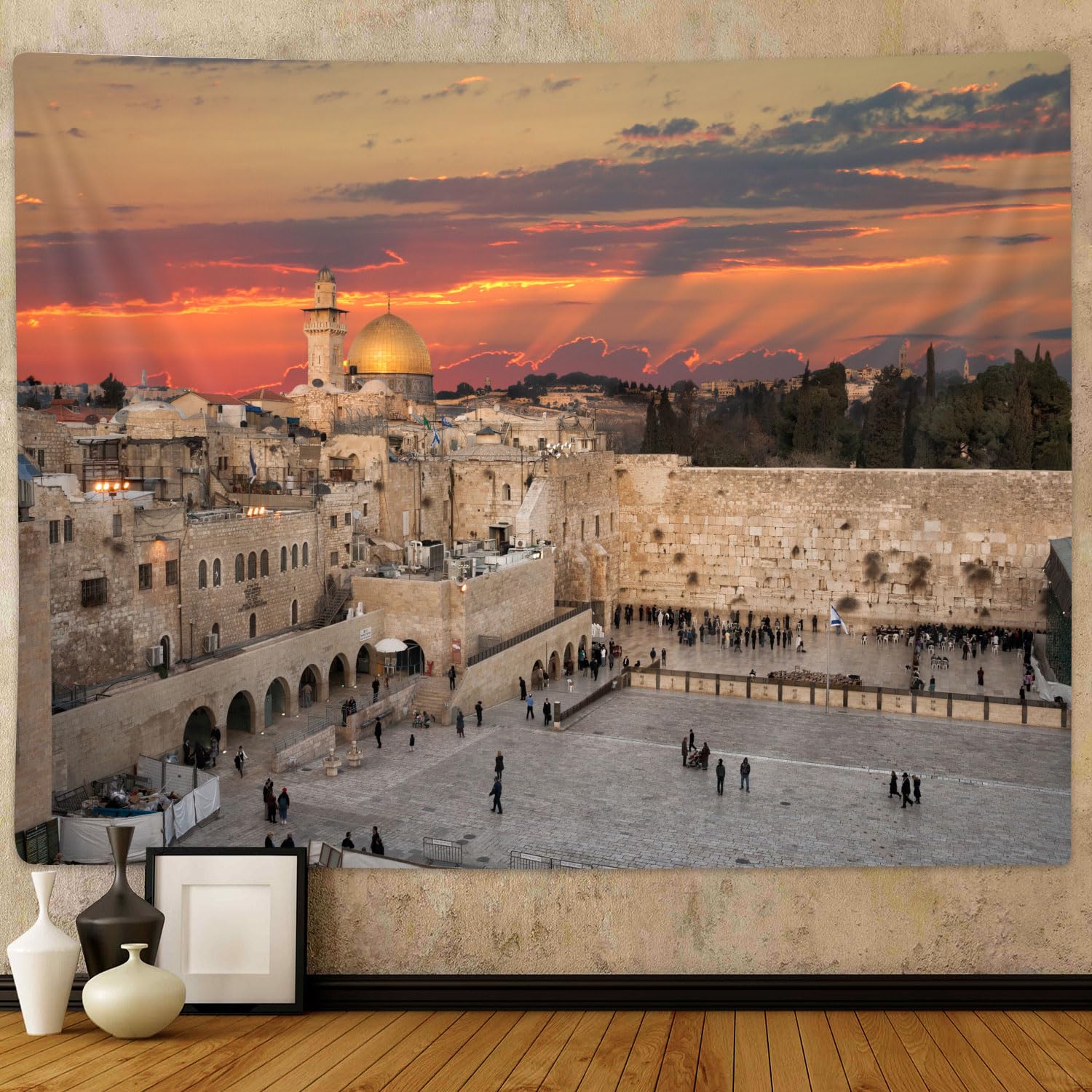Photo 1 of Western Wall Jerusalem City Tapestry Kotel Sukkah Decor West Wailing Wall Tapestries for Bedroom Dorm Office Ceiling Room Wall Art Judaism Event Deocr Wall Hanging Stone Wall Blanket Posters 80X60IN