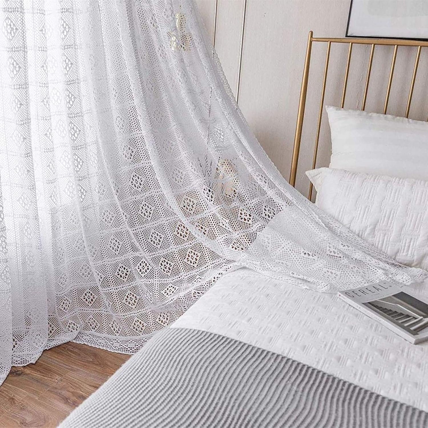 Boho Cotton Crochet Curtain, Vintage Lace Window Curtains Panels