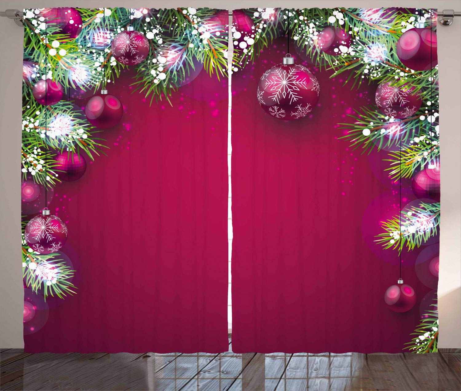 ABAKUHAUS Christmas Curtains, Traditional Composition with Fir Branches Vivid Balls Snowflakes, Living Room Bedroom Window Drapes 2 Panel Set, 280 x 260 cm, Magenta Green — image 1